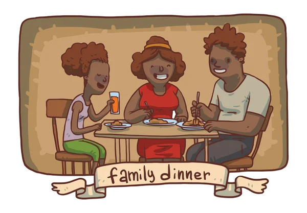Marco de la cena familiar: padre negro, madre e hija comen alimentos — Vector de stock