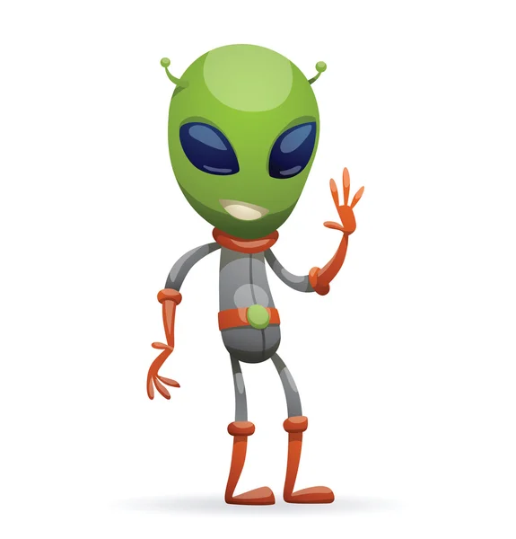 Funny green alien waving his left hand — Stock Vector