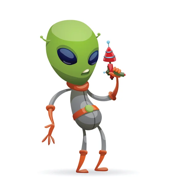 Funny Green Alien met een Laser Gun — Stockvector