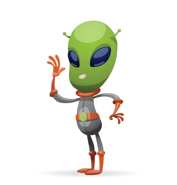 Lustiger grüner Außerirdischer, der mit seiner rechten Hand wedelt — Stockvektor