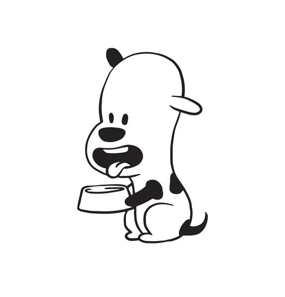 Divertido perrito con un tazón en las patas, estilo monocromo — Vector de stock