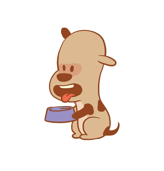 Divertido perrito con un tazón en las patas, imagen en color — Vector de stock