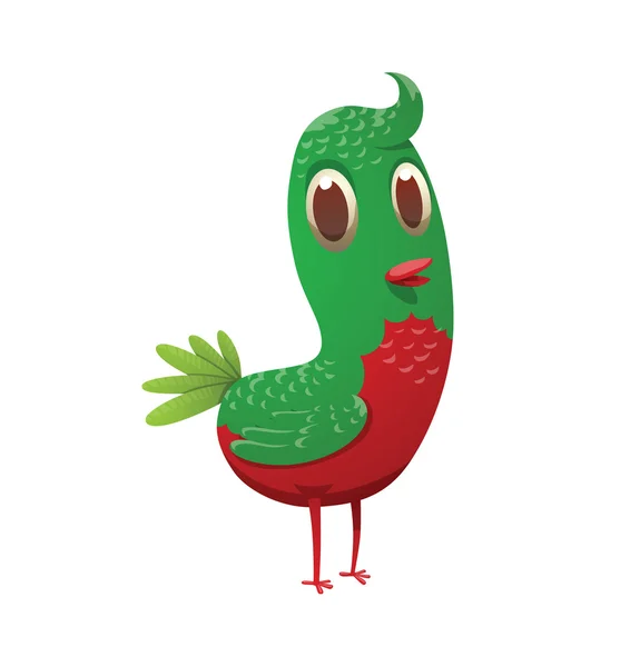 Vicces fantasy kis trópusi zöld-piros madár — Stock Vector