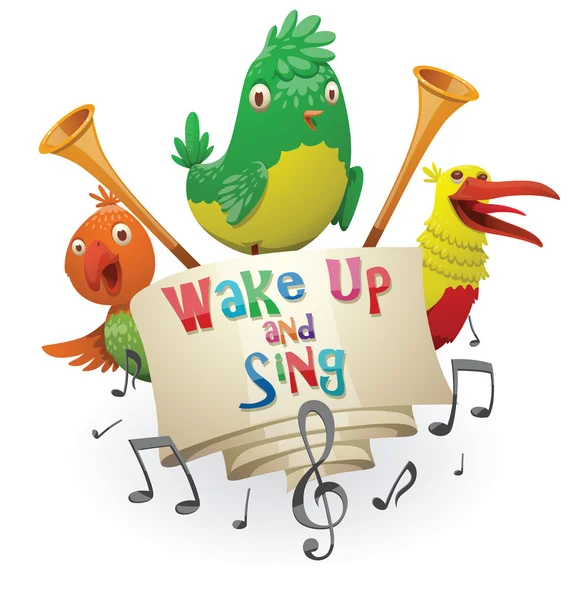 Эмблема "Проснись и пой", оранжевые, зеленые, желтые птицы — стоковый вектор