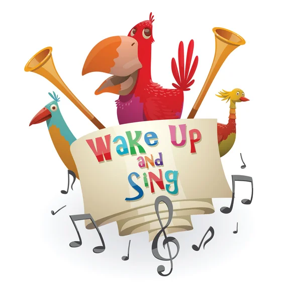 Amblem "Uyan ve şarkı", mavi, kırmızı, sarı kuşlar — Stok Vektör