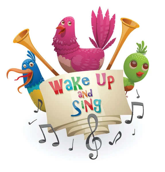 Embleem "Wake up and Sing", blauw, roze, groene vogels — Stockvector