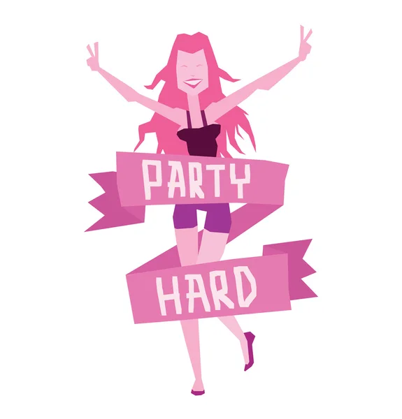Эмблема "Крутая вечеринка", танцующая девушка с длинными розовыми волосами — стоковый вектор