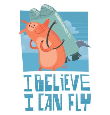 Kart, gri metal jetpack ile komik pembe domuz