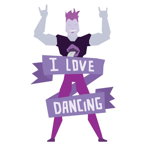 Эмблема "Я люблю танцевать", танцующий мужчина с фиолетовыми волосами — стоковый вектор