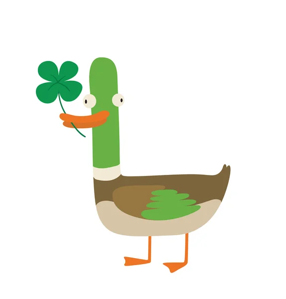 Funny "good luck" duck with four-leaf clover — Stock Vector