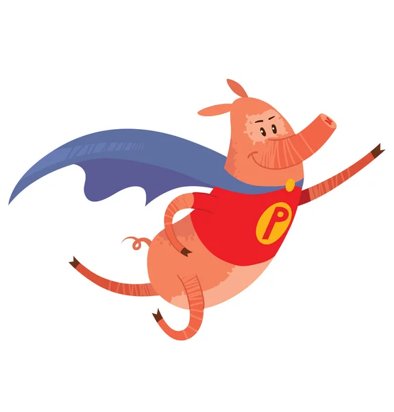 Komik pembe domuz bir süper kahraman olarak uçan — Stok Vektör