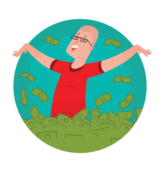 Marco redondo, hombre calvo feliz bañándose en dinero — Vector de stock