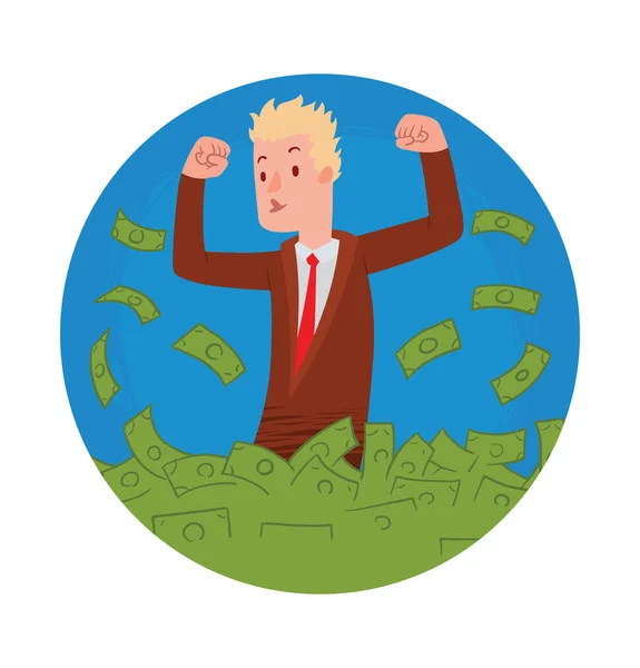 Kulatý rám, šťastný muž s plavými vlasy, koupání v penězích — Stockový vektor