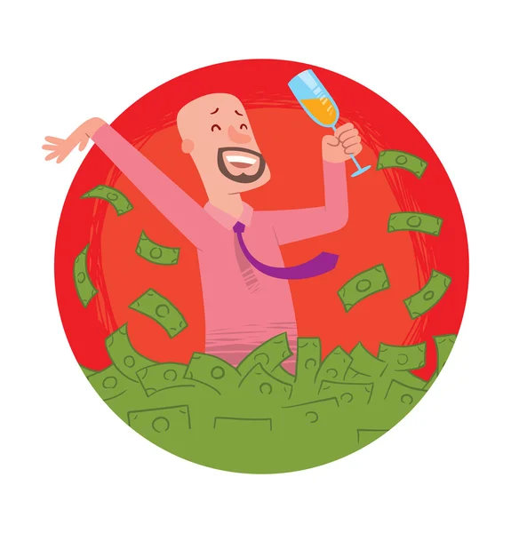 Round frame, happy bald man with beard bathing in money — Stock Vector