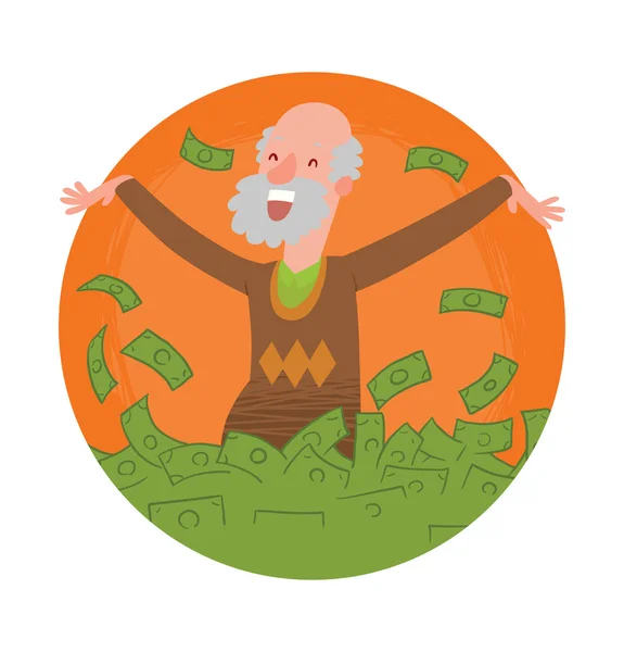 Round frame, happy old bald man bathing in money — Stock Vector