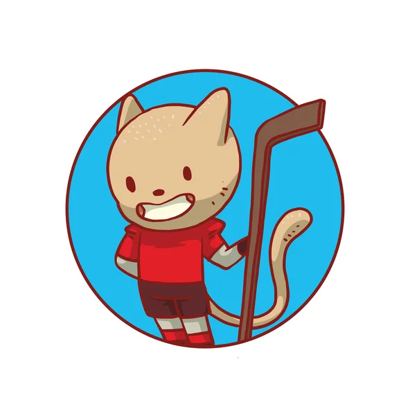 Marco azul redondo, gato lindo jugando hockey — Vector de stock