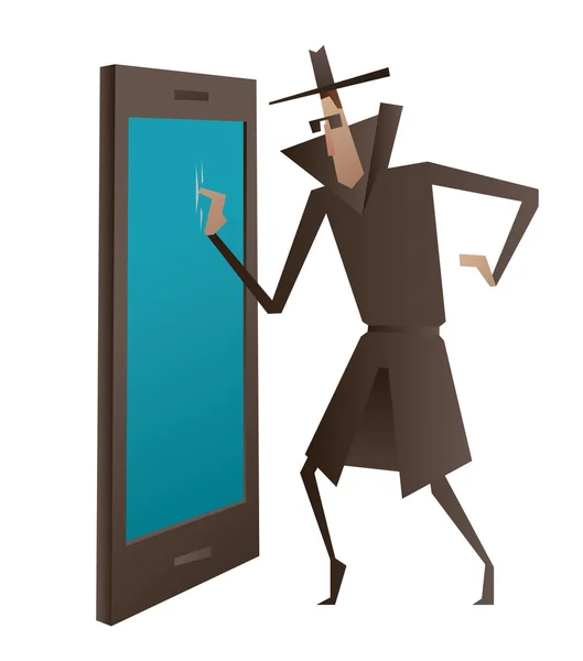Чорно-синій смартфон, шпигун крокує на кінчиках — стоковий вектор