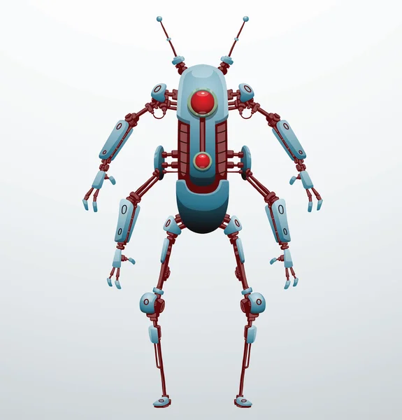 Lustiger dünner hellblauer Roboter mit vier Armen — Stockvektor