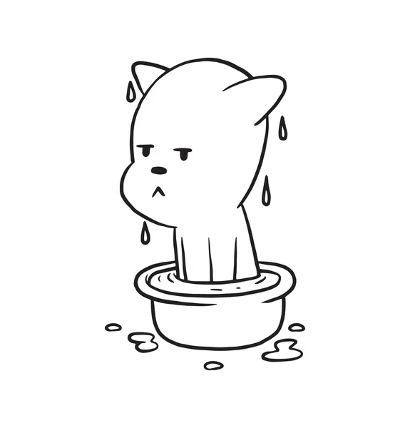 Cute little cat sitting in basin with water, monochrome style — Stock Vector