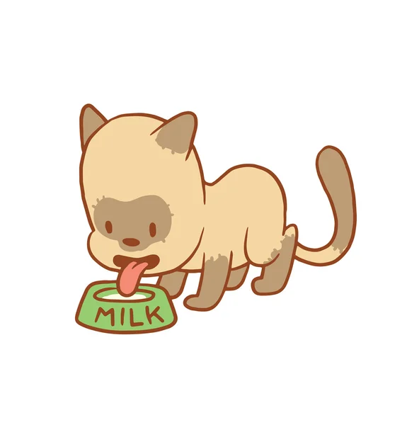 Χαριτωμένο μικρό γάτα πόσιμο γάλα από ένα μπολ, έγχρωμη εικόνα — Διανυσματικό Αρχείο