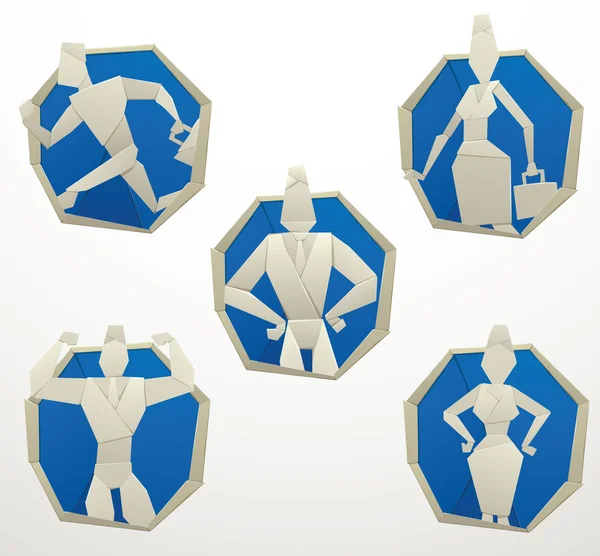 Uppsättning av blå runda pappers ramar med origami affärsmän — Stock vektor