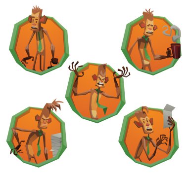 Set of round green-orange frames with office monkeys clipart