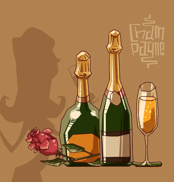 Şişe ve bir bardak şampanya. — Stok Vektör