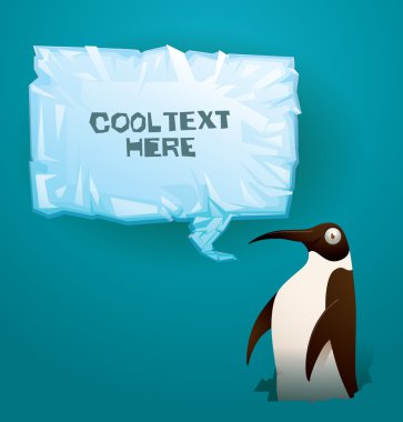 Funny big penguin next to the ice banner