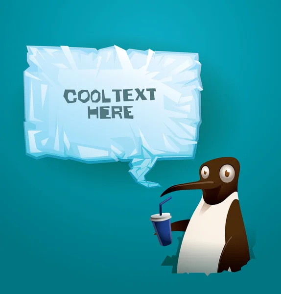 Pingüino divertido con una bebida al lado de la pancarta de hielo — Vector de stock