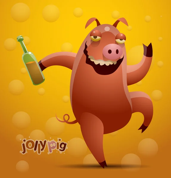 Jolly pig with a bottle of beer dancing — 图库矢量图片