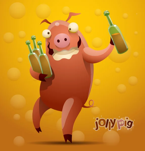 Jolly pig with four bottles of beer — Stock vektor