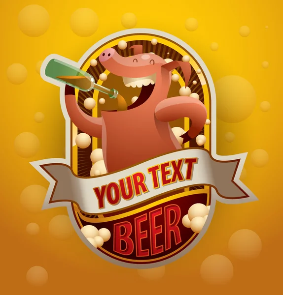 Label jolly beer-drinking pig — Stock Vector
