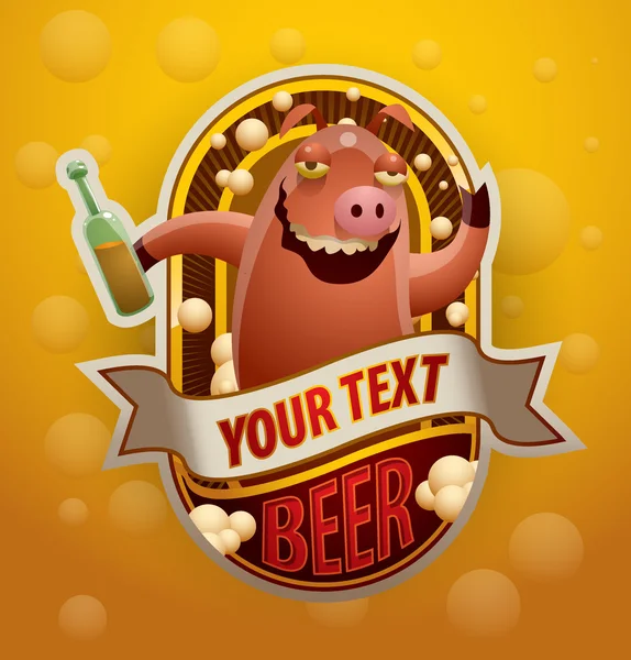 Label jolly pig with a bottle of beer dancing — Stockvector