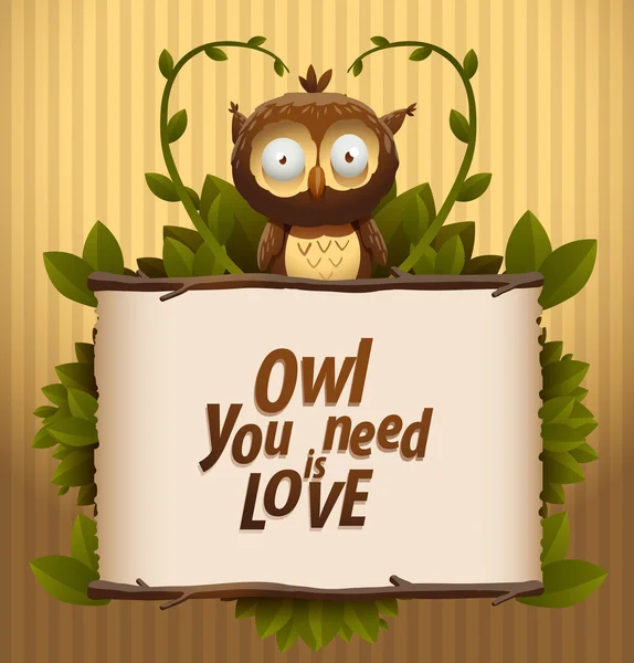 Aşk afiş ile kahverengi komik baykuş — Stok Vektör