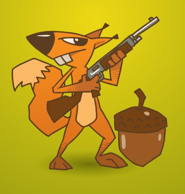Crazy squirrel guards the nut with a gun