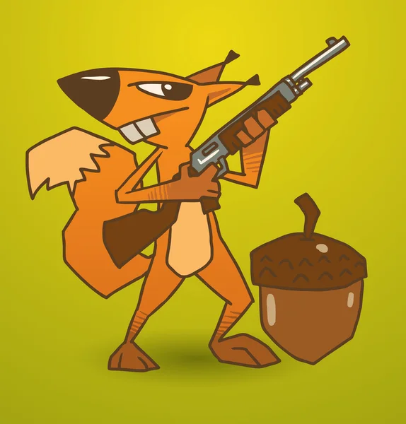 Crazy squirrel guards the nut with a gun — Stockvector