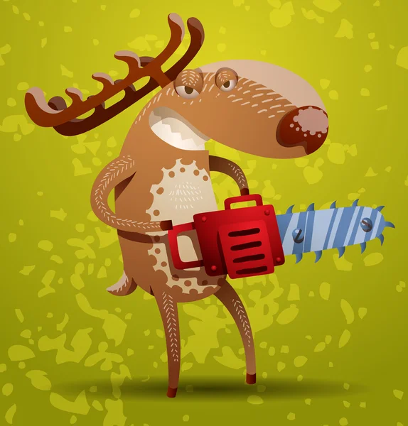 Funny deer with a chainsaw — Stockový vektor