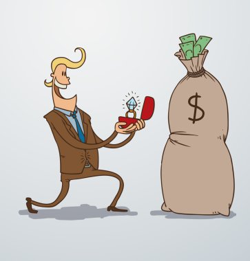 Man proposing marriage to a bag of money