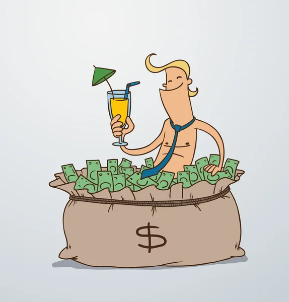 Man basks in a big bag of money — Stockvector