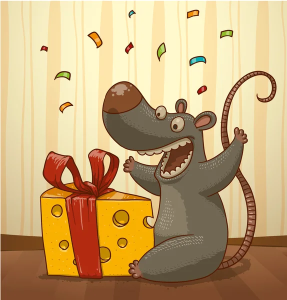 Happy mouse dengan hadiah - Stok Vektor