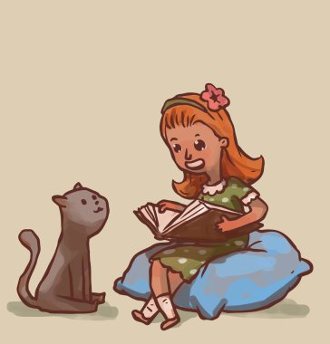 Kız kitap kedi için okur.