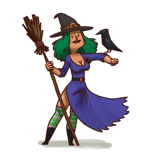 Красивая ведьма с метлой — стоковый вектор