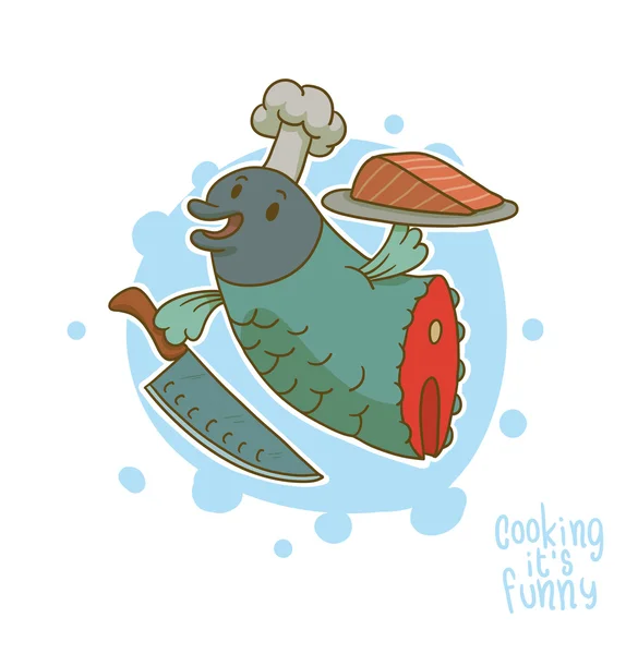 Cocinar es divertido con pescado — Vector de stock