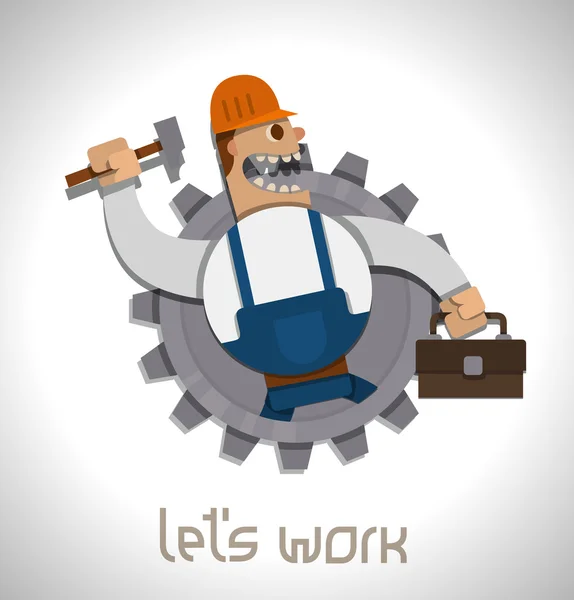 Trabajador fuerte con martillo — Vector de stock