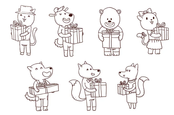 Animales de dibujos animados con regalos — Vector de stock