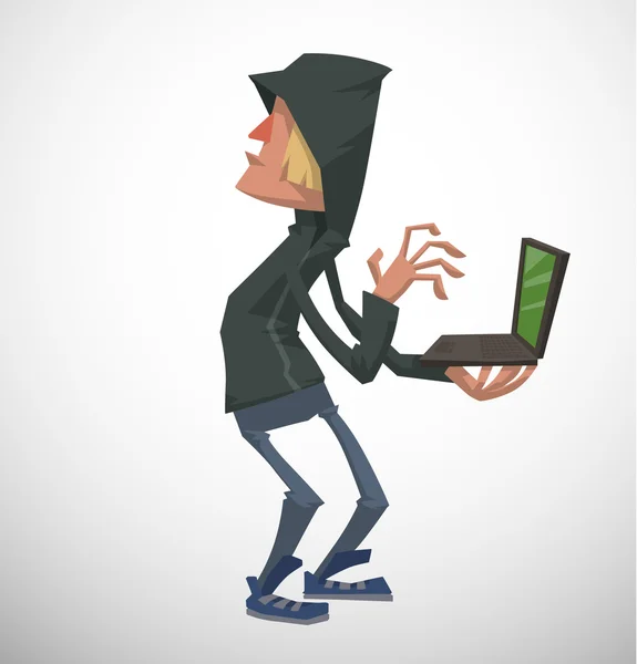 Haker w kaptur z laptopa — Wektor stockowy