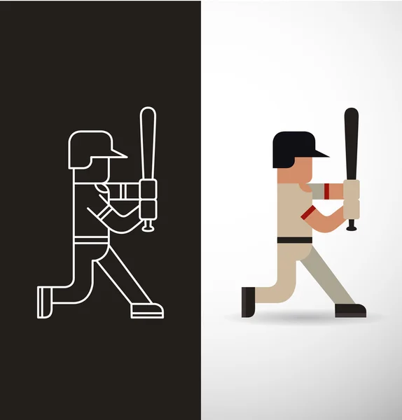 Joueur de baseball, plat et ligne — Image vectorielle