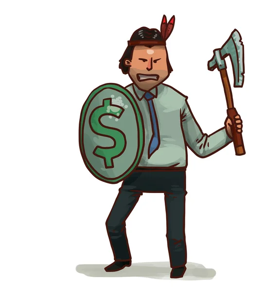 Guerreiro financeiro com escudo dólar e machado —  Vetores de Stock
