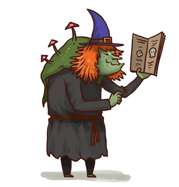 Старая ведьма с книгой заклинаний — стоковый вектор