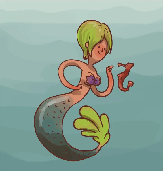 Meerjungfrau weiblich mit grünen Haaren — Stockvektor
